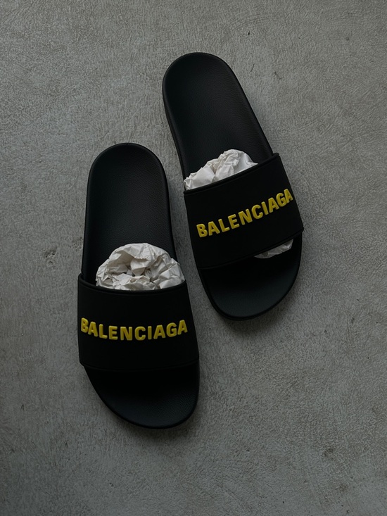 Balenciaga Shoes - Balenciaga Black Slides with Yellow Logo